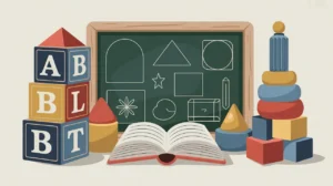 Illustration of alphabet blocks picture book and colorful building toys with chalkboard background