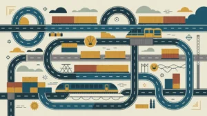 Interconnected roads bridges shipping containers power lines train finance logistics icons