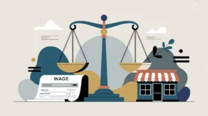 Balanced scales wage slip small shop storefront equality symbols