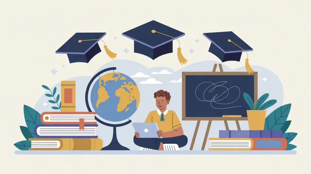 Classroom with student using tablet and floating graduation caps