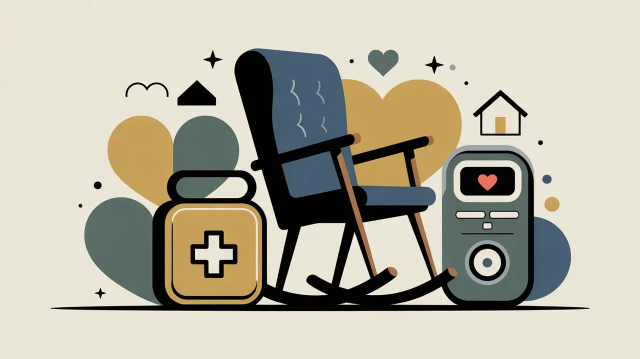 Illustration of rocking chair pillbox medical alert device with heart and home icons