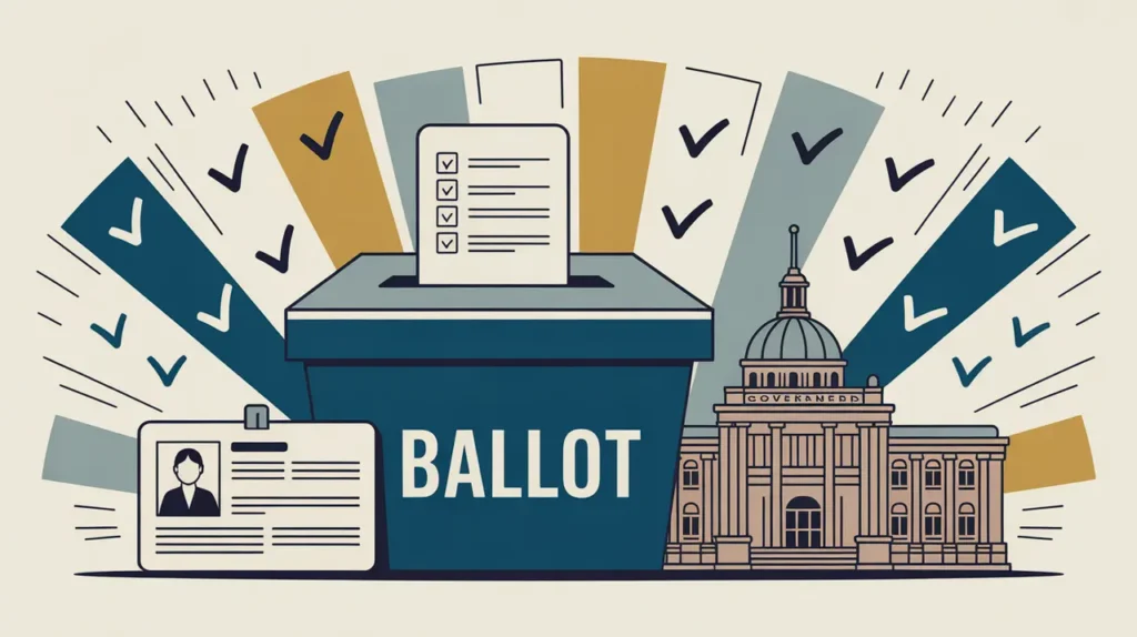 Illustration of ballot box voter ID and government building with checkmarks