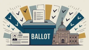Illustration of ballot box voter ID and government building with checkmarks
