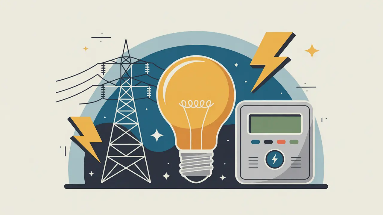 Illustration of power line tower, glowing light bulb, and digital energy meter