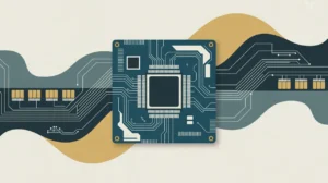 Illustration of circuit board, computer chip, and assembly line with abstract circuitry background