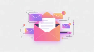 Envelope icon sending multiple digital messages with pink and neon purple accents