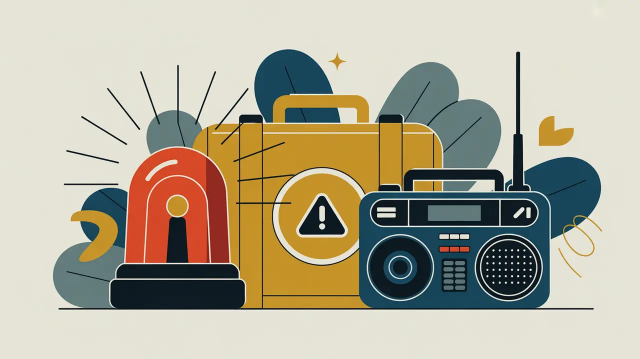 Illustration of siren light emergency kit and communication radio with hazard icons