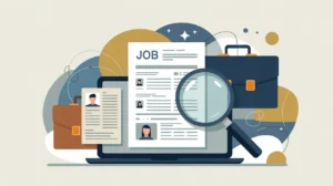 Illustration of job application form, laptop with job board, and magnifying glass over CV