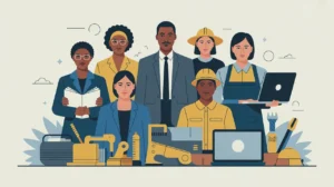 Diverse group of workers with tools and laptops representing various professions