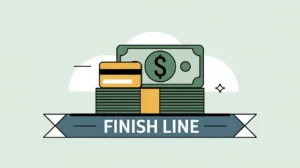 Stack of bills and card at finish line symbolizing ending cash