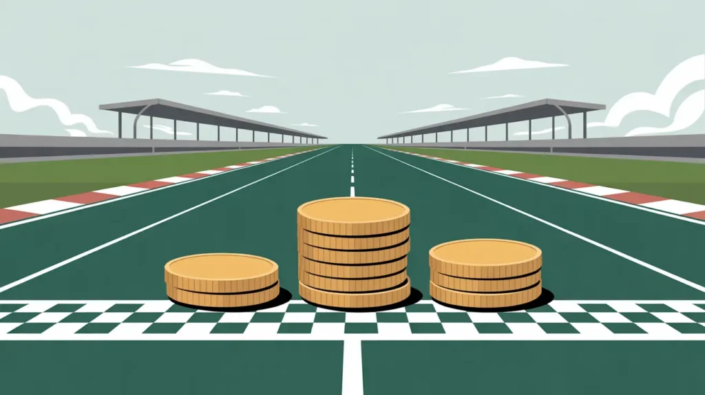 Coins at finish line symbolizing closing net assets balance
