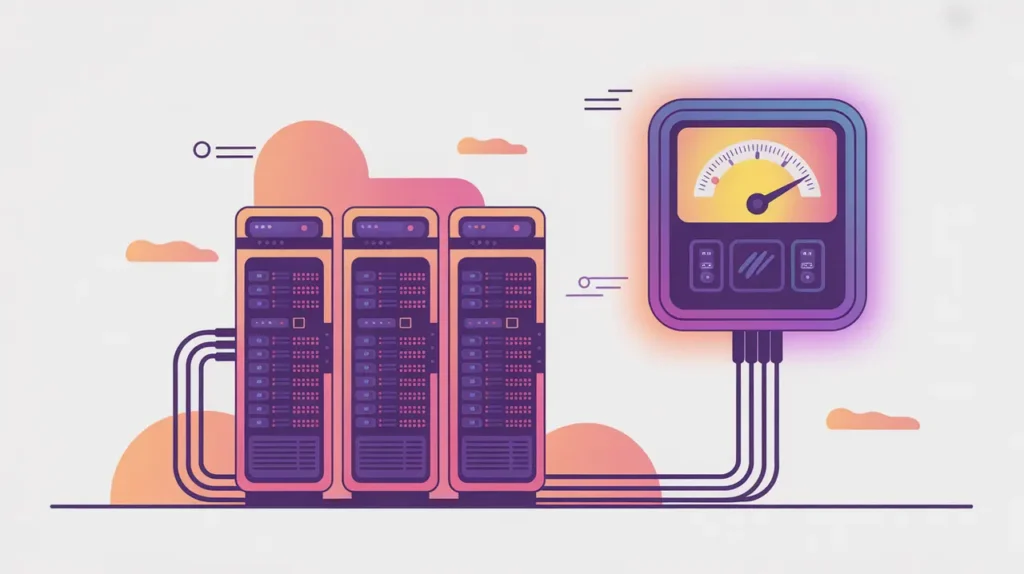 AI server racks connected to glowing power meter symbolizing energy consumption