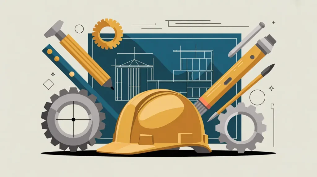 collage of drafting tools gear blueprint and construction helmet