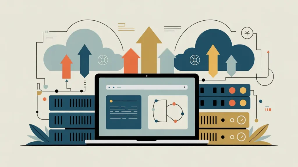 Laptop dashboard cloud servers interconnected network icons