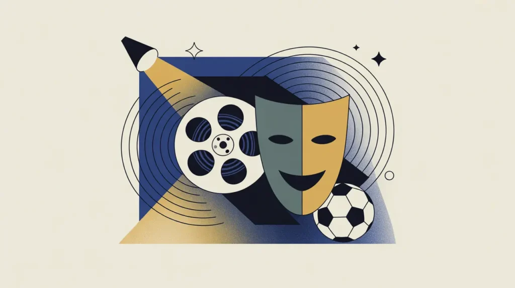 Collage of film reel, theater mask, and soccer ball with abstract sound waves and spotlights