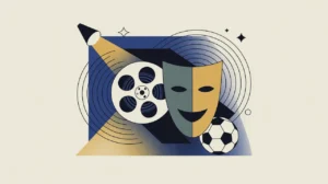 Collage of film reel, theater mask, and soccer ball with abstract sound waves and spotlights
