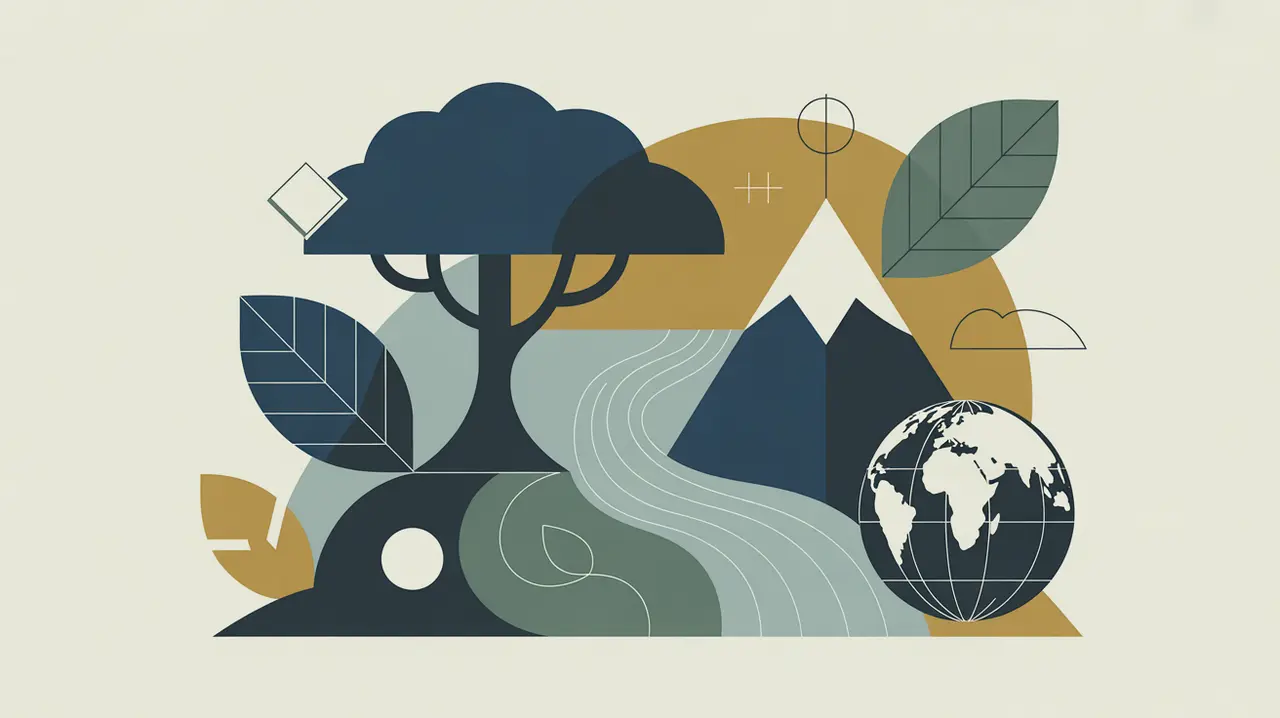 Illustration of tree river mountain with leaf and globe icons