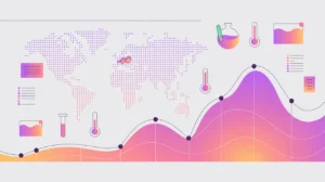 Regional map with disease hotspots and forecasting chart with lab and thermometer icons