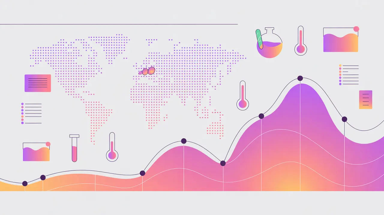 Regional map with disease hotspots and forecasting chart with lab and thermometer icons