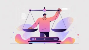 User holding balance scale over AI system symbolizing ethical responsibility