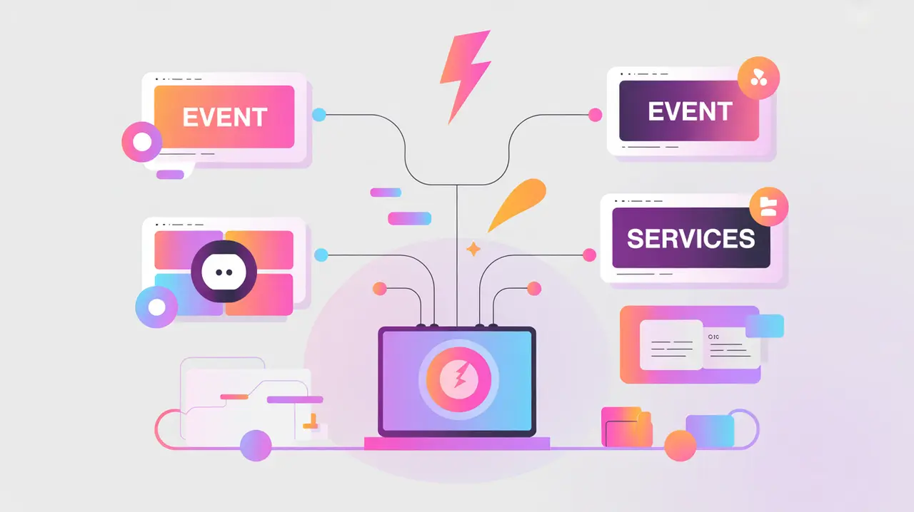Flat vector illustration of event icons feeding into services symbolizing event-driven architecture