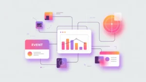 Event icons connected to analytics dashboard with charts