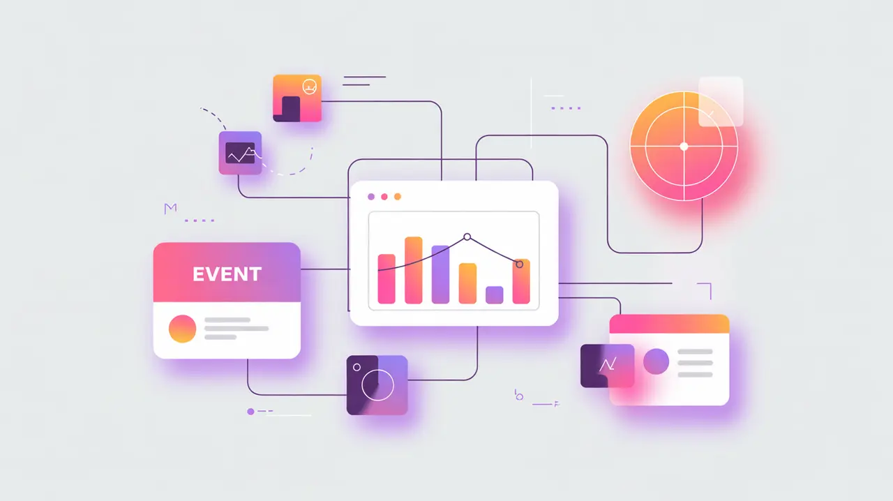Event icons connected to analytics dashboard with charts