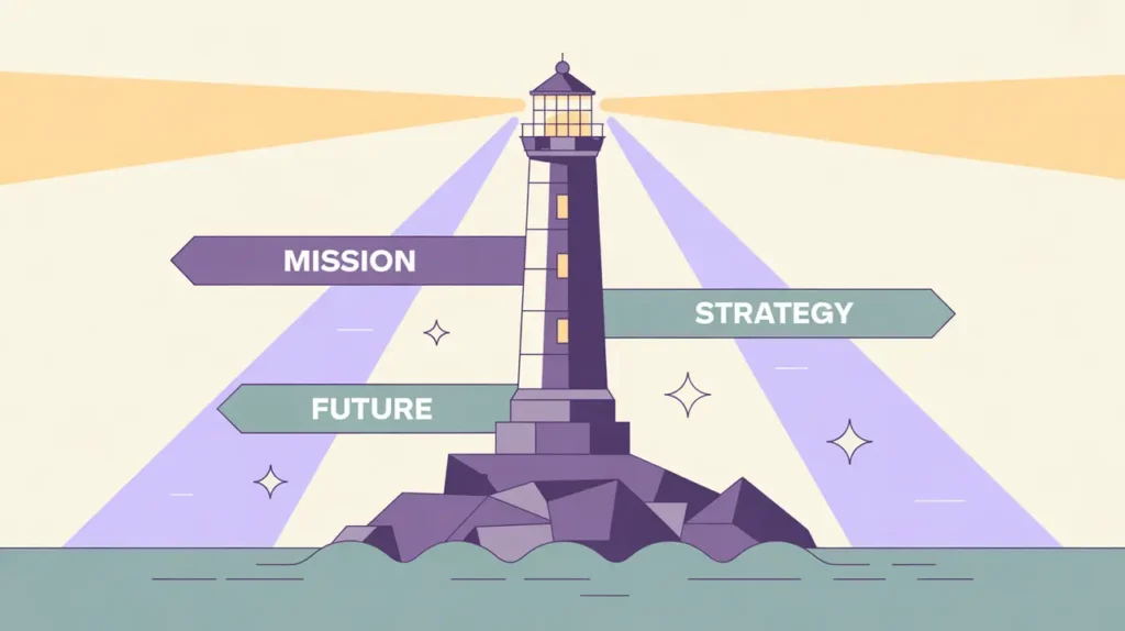 Lighthouse glowing above water with beams labeled Mission Strategy Future