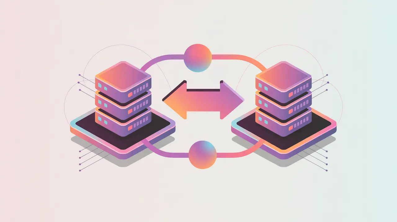 Data blocks transferring between servers symbolizing portability and exit