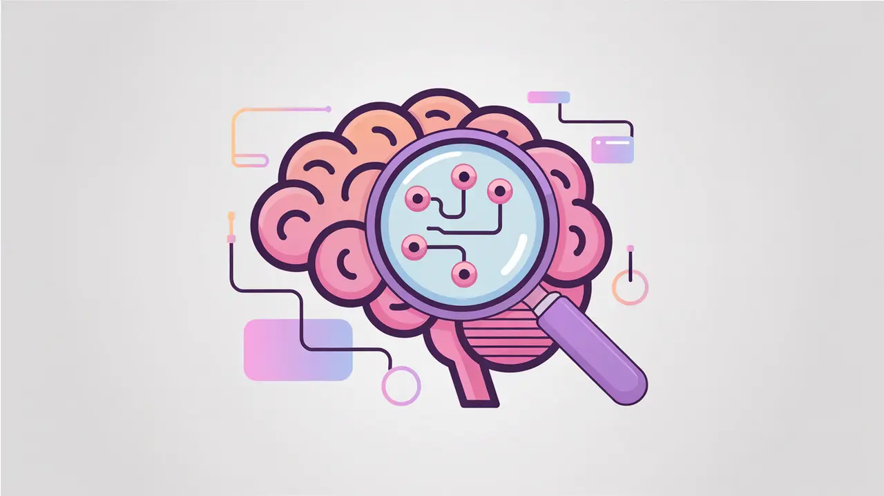 AI brain icon with magnifying glass revealing internal connections