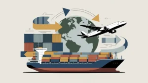 Illustration of cargo ship, shipping containers, airplane, and globe with arrows