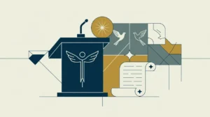Illustration of podium with cross, scroll, and dove icons with geometric lines
