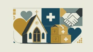 Illustration of chapel, food donation boxes, and medical cross with heart and handshake icons