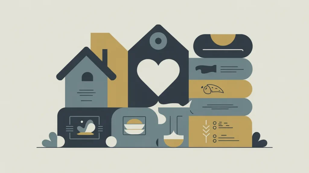 Illustration of house, heart, and support blocks with icons for book food healthcare