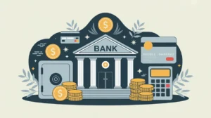 Glowing bank building with coins credit cards and mobile banking icons