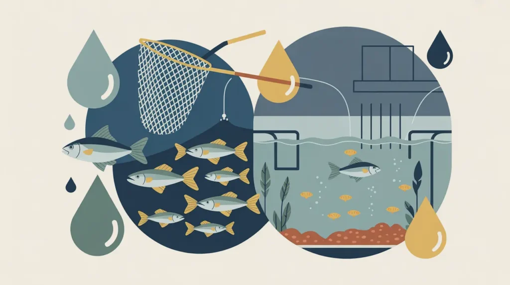 Illustration of fishing net, school of fish, and aquaculture tank with water droplet icons