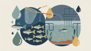 Illustration of fishing net, school of fish, and aquaculture tank with water droplet icons