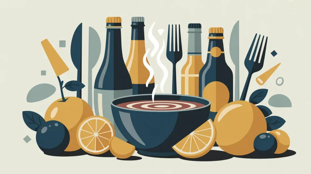 Illustration of fruits, bottled drinks, steaming bowl, and abstract cutlery icons