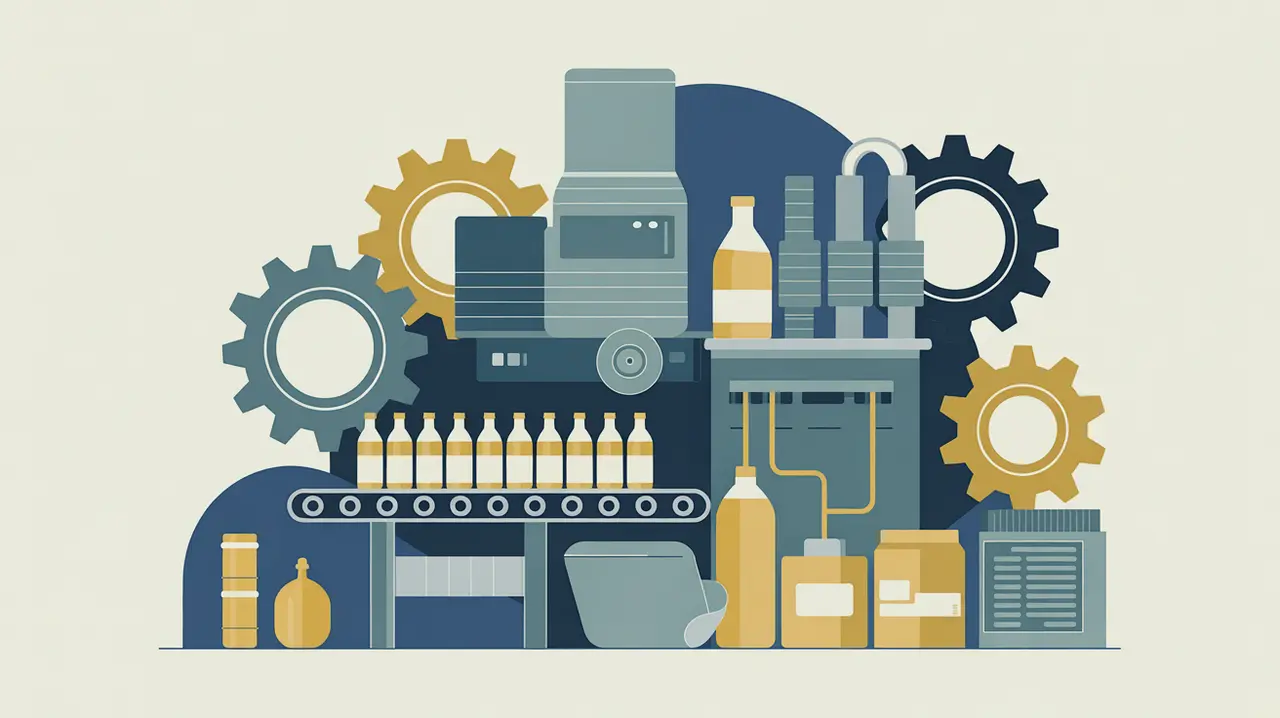 Illustration of factory equipment, packaged goods, and conveyor belt with bottles