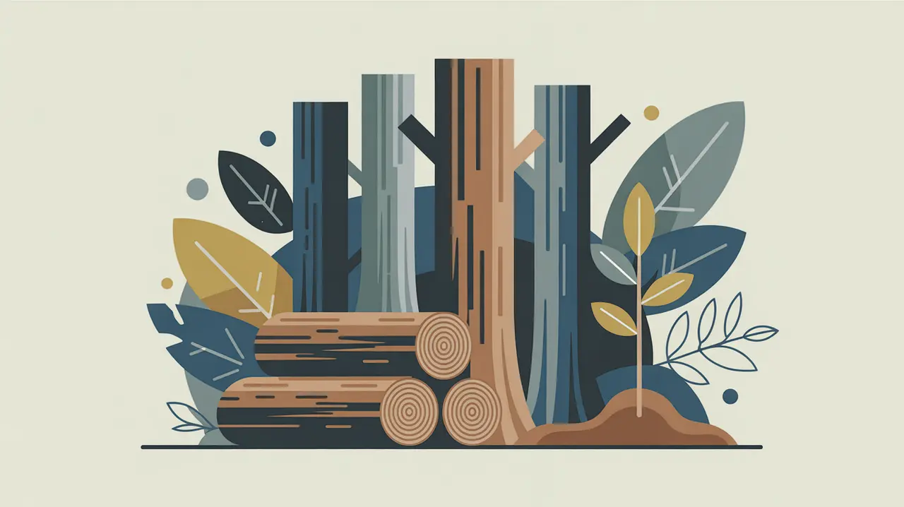 Illustration of tree trunks, cut timber stack, and sapling with abstract leaf and growth ring icons