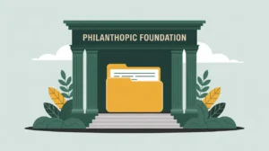 Neoclassical pillar building with glowing grant folder symbolizing foundation support