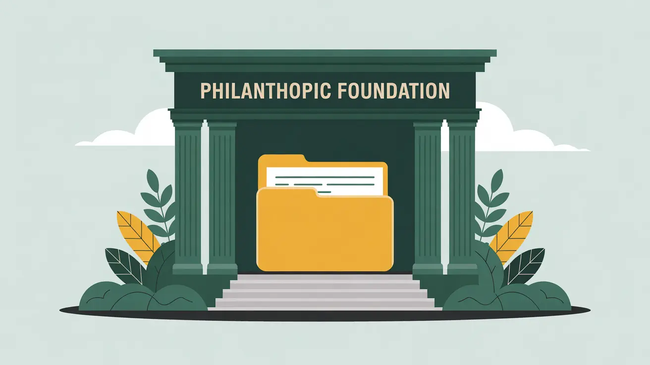 Neoclassical pillar building with glowing grant folder symbolizing foundation support