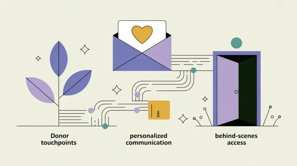 Illustration of donor touchpoints, personalized communication, and behind-the-scenes access connected by data lines