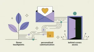 Illustration of donor touchpoints, personalized communication, and behind-the-scenes access connected by data lines