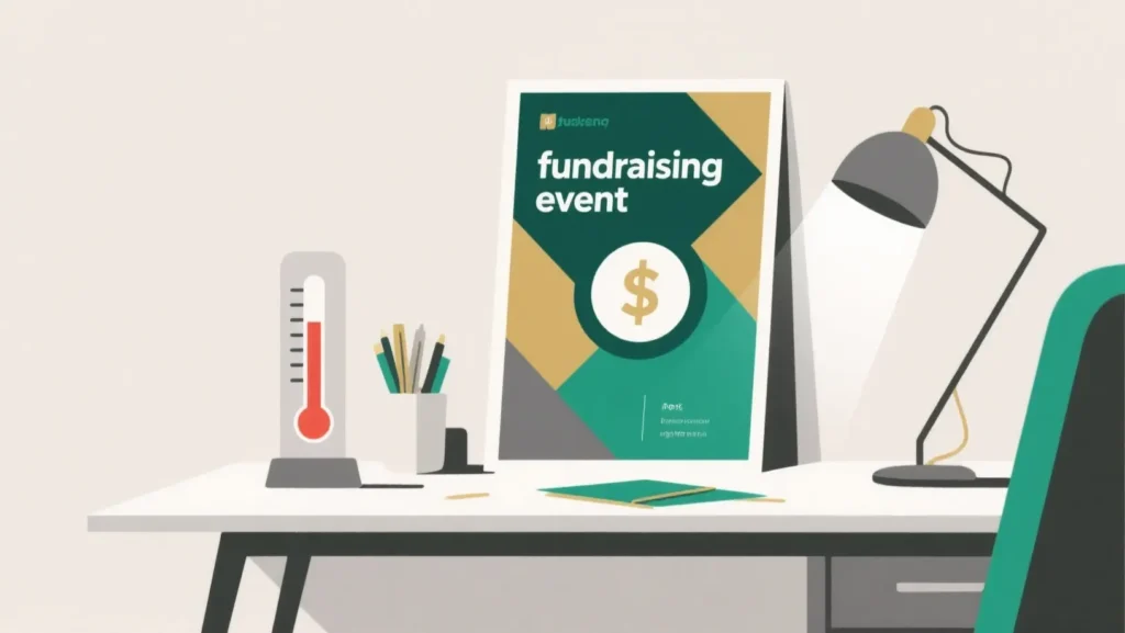 Colorful fundraising event poster and donation thermometer on desk