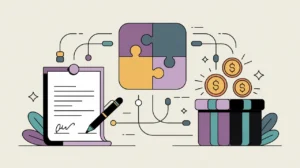 Illustration of negotiation with signed agreement, puzzle pieces, and glowing gift box