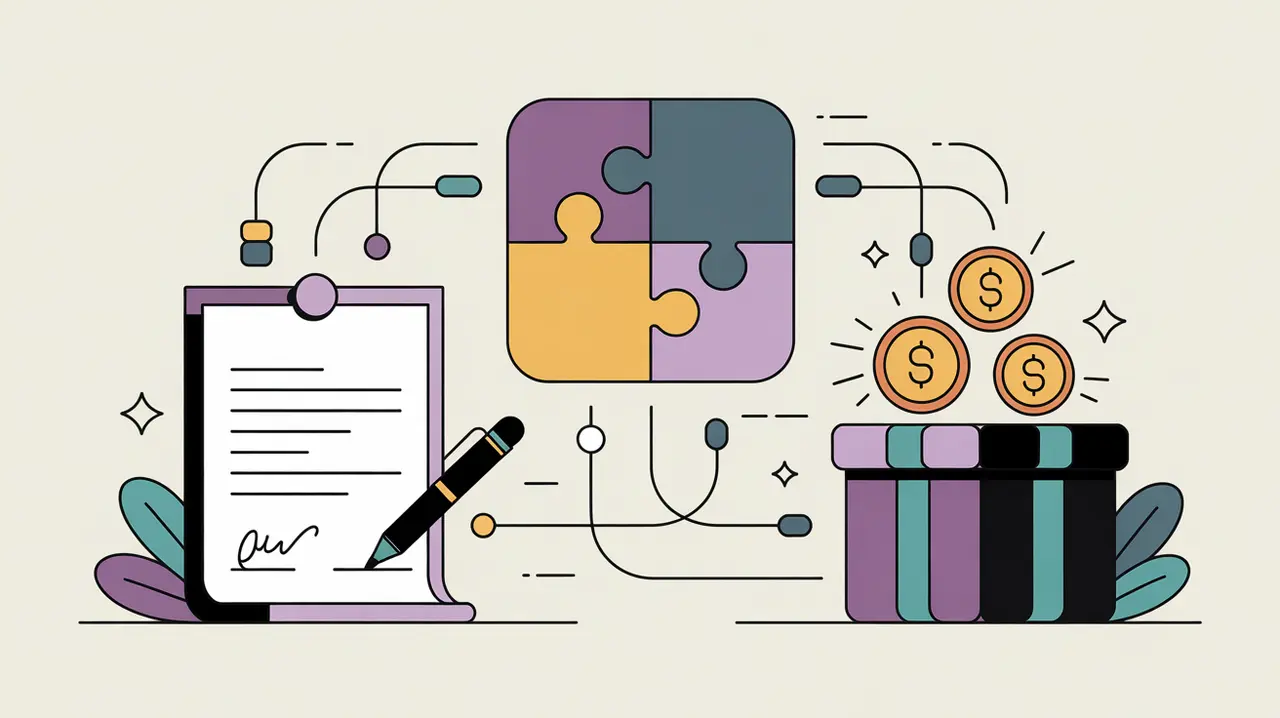 Illustration of negotiation with signed agreement, puzzle pieces, and glowing gift box