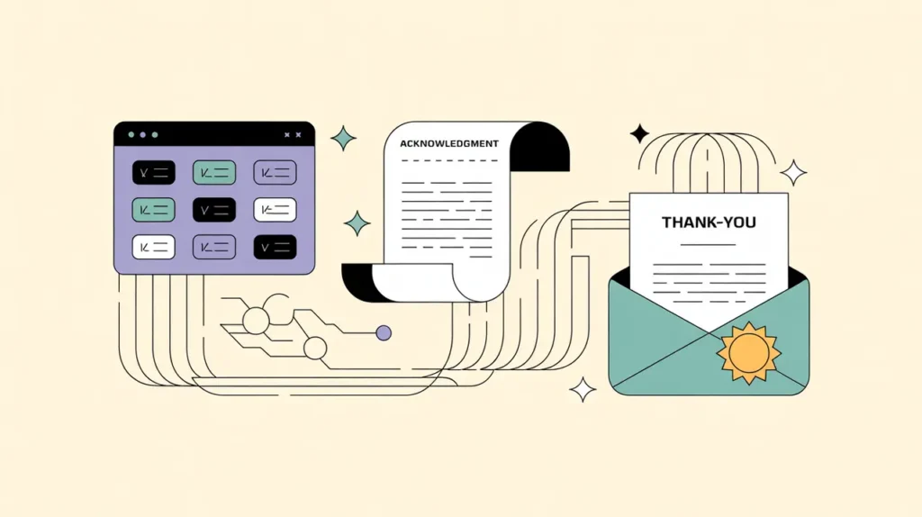 Illustration of digital ledger, receipt, and thank-you letter connected by data lines