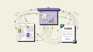 Illustration of fundraising solicitation with proposal document, presentation screen, and pledge form connected by data lines