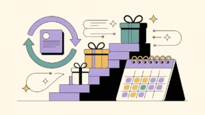 Illustration of fundraising renewal cycle with donor pledge card, gift boxes, and multi-year calendar